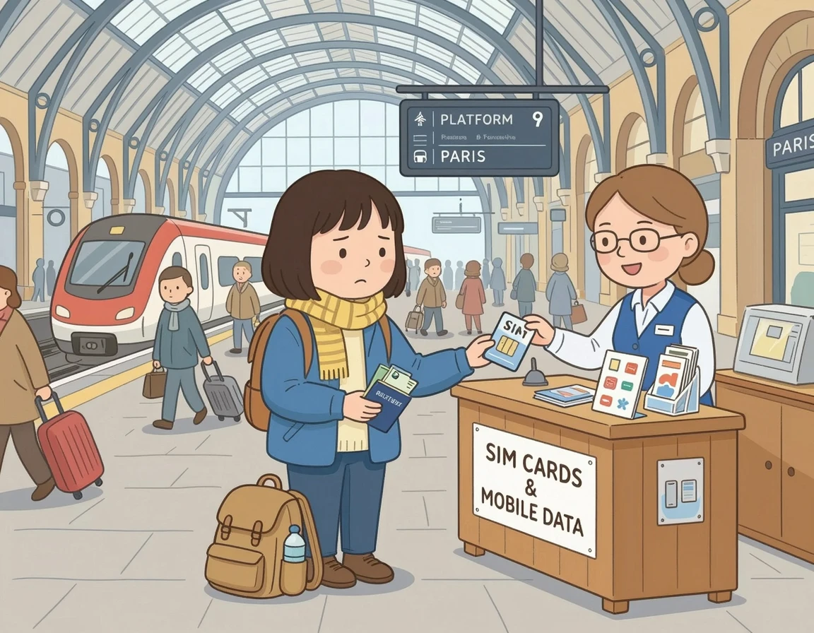 유럽 기차역에서 조심스럽게 유심을 구매하는 여행객 일러스트