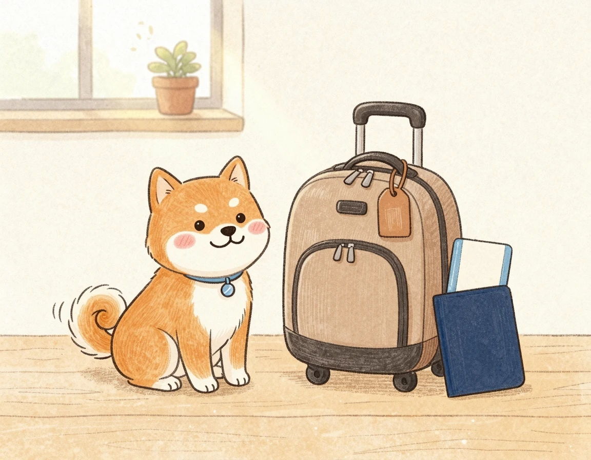 여행 가방과 여권 옆에 앉아있는 귀여운 강아지