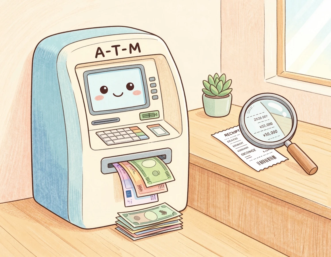 외화를 인출하는 현금지급기와 영수증을 확인하는 모습