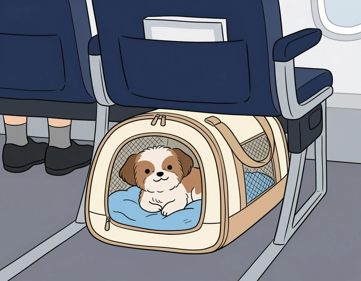 비행기 좌석 아래 소프트 케이지에 들어있는 강아지