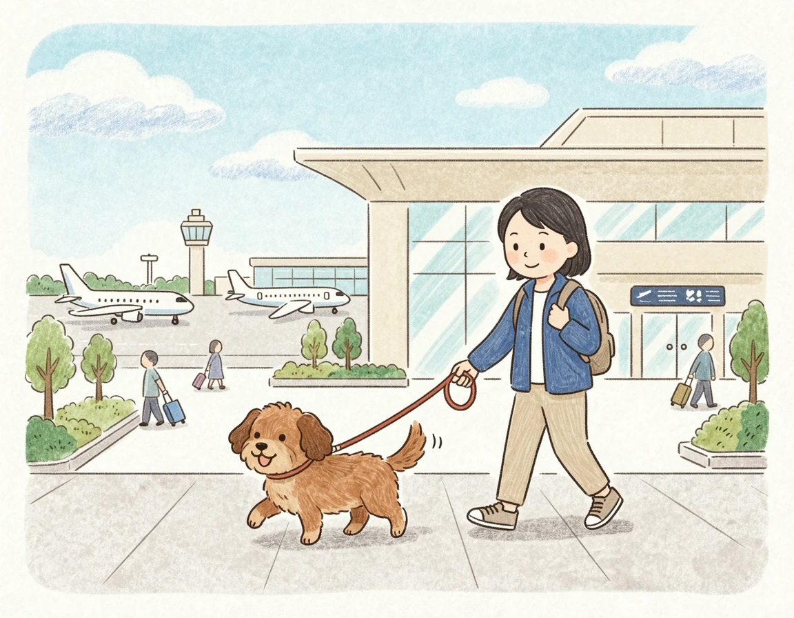 공항 터미널 밖에서 목줄을 하고 산책하는 강아지