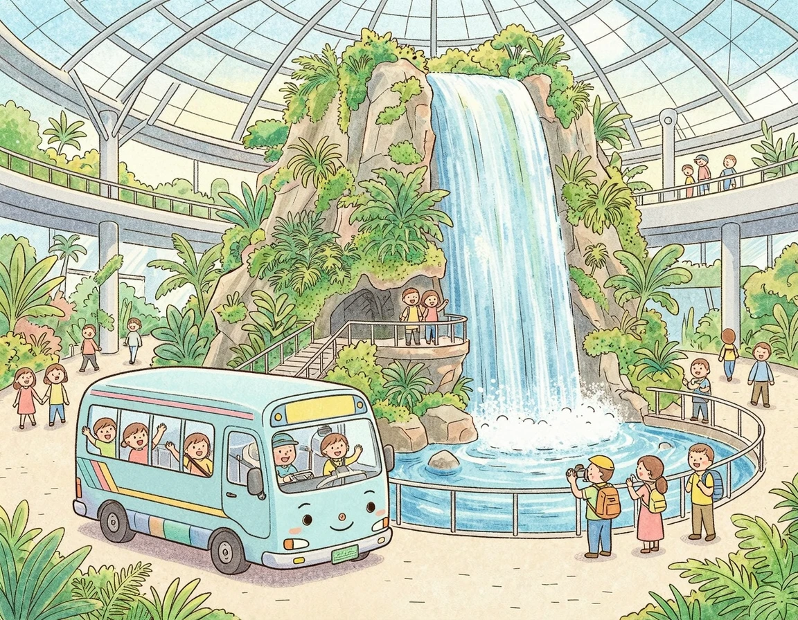 실내 폭포 앞을 지나는 귀여운 투어 버스