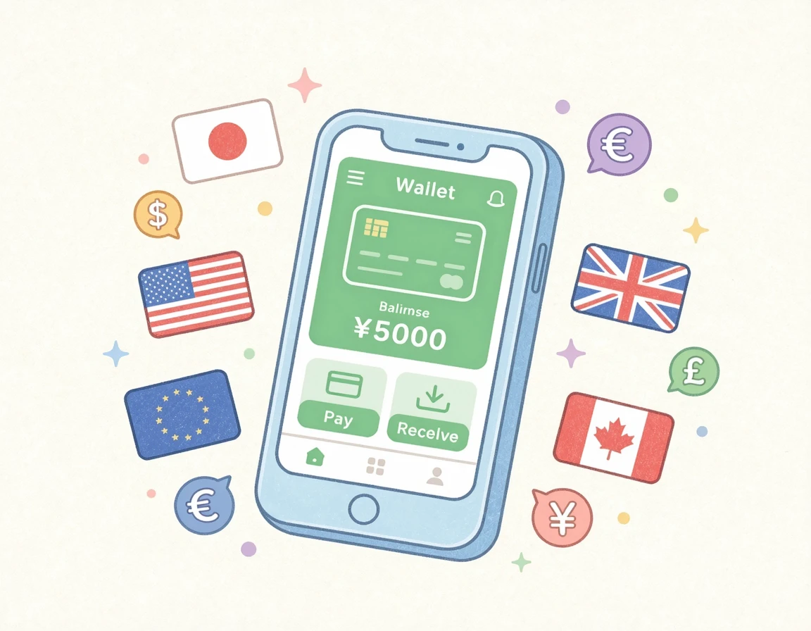 다양한 국가의 국기와 통화 기호가 떠오르는 스마트폰 지갑 앱