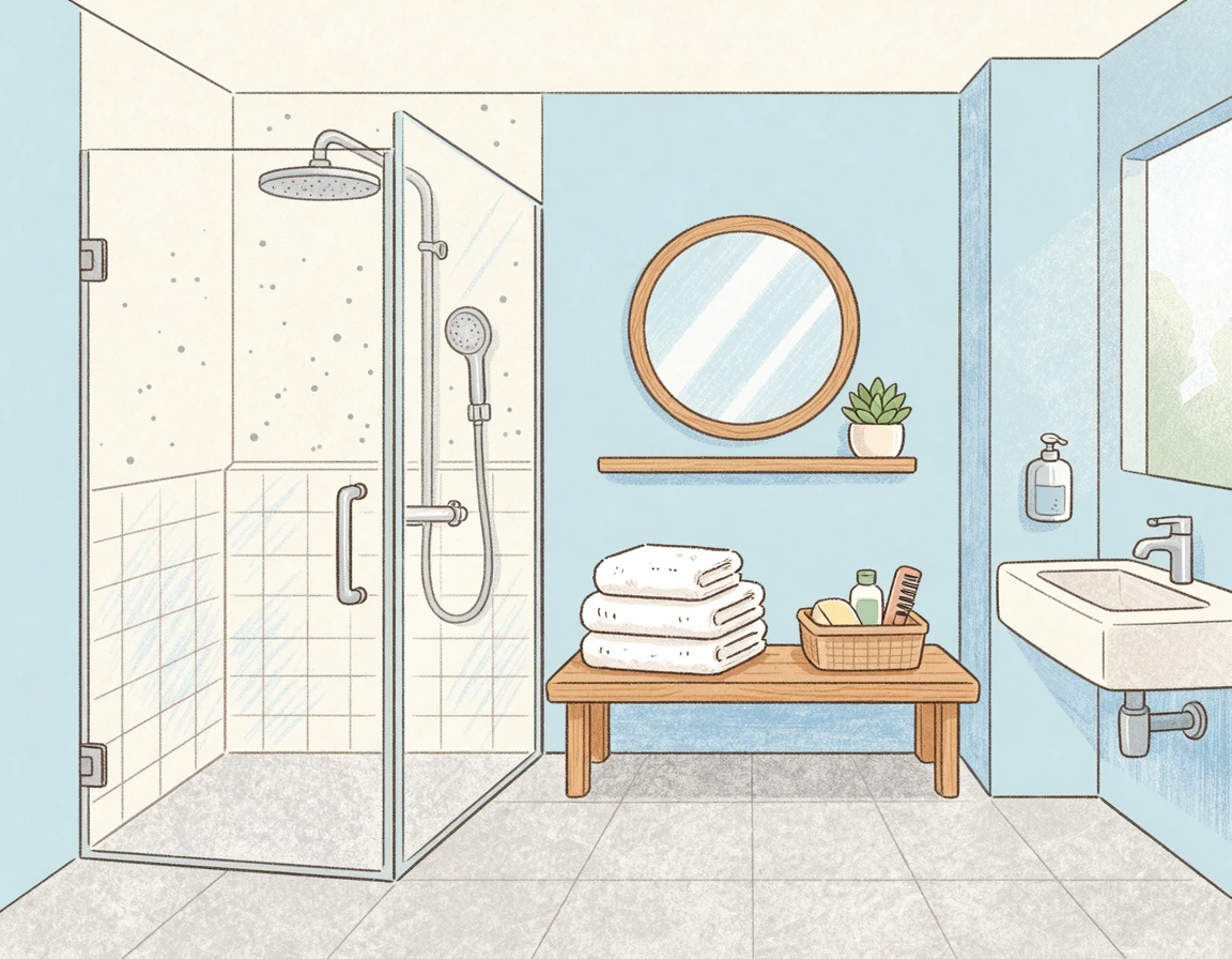 깔끔하게 정돈된 공항 라운지 샤워실 내부