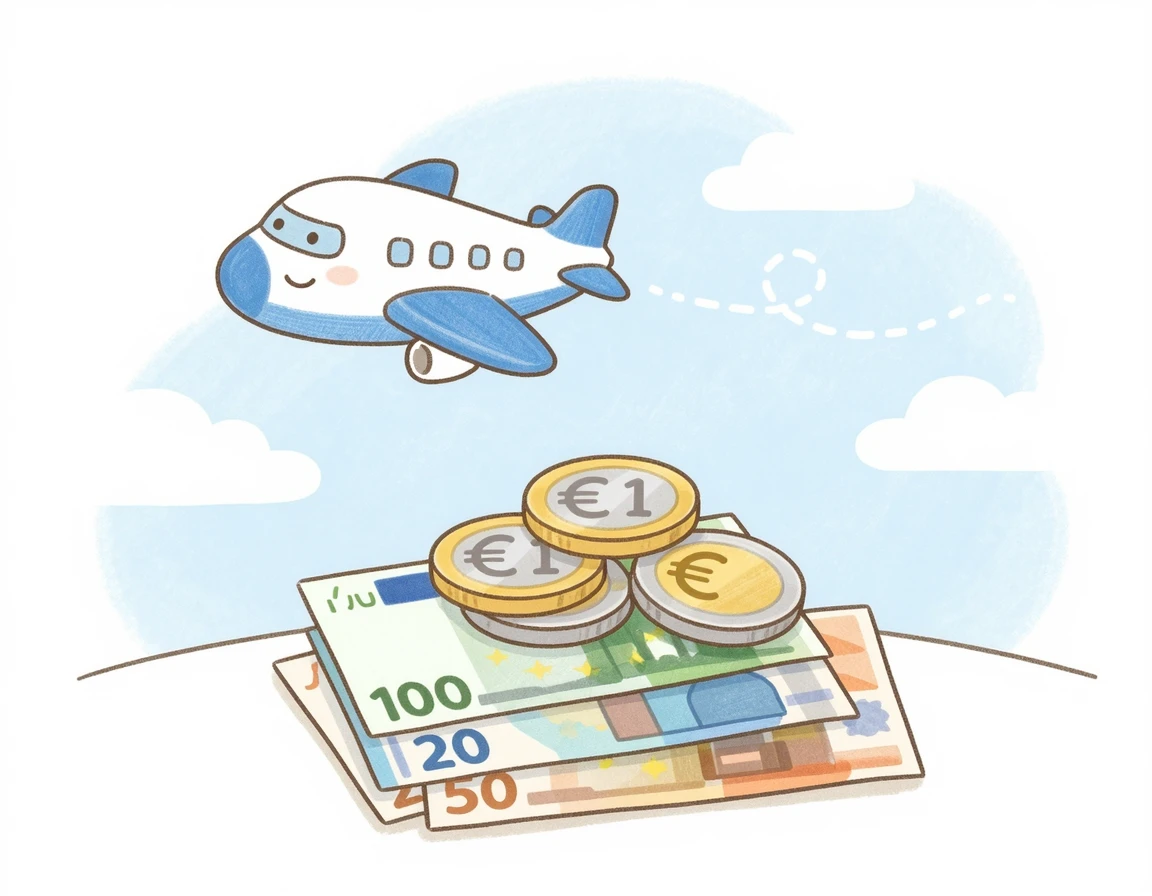 유로화 동전과 지폐 위를 날아가는 귀여운 비행기 일러스트