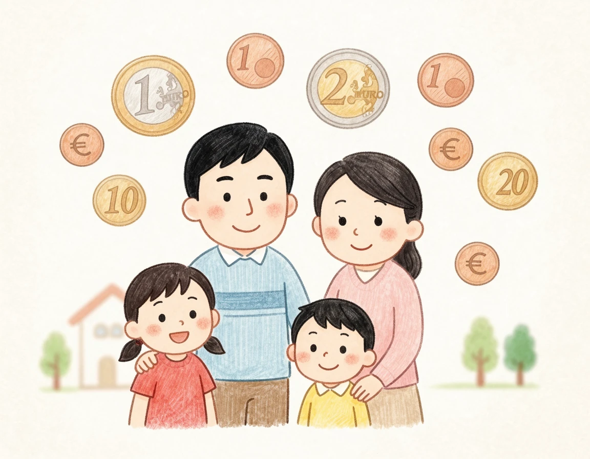 가족 여행객과 유로화 동전 일러스트