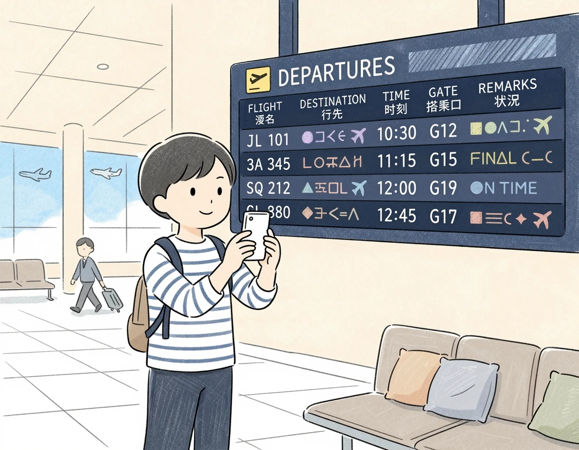 스마트폰으로 공항 출도착 전광판을 촬영하는 사람 일러스트