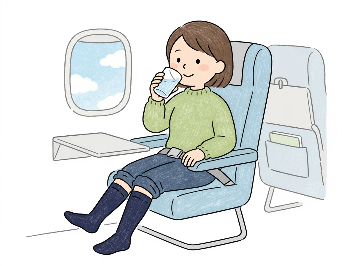 기내에서 압박 스타킹을 신고 물을 마시며 붓기를 예방하는 모습