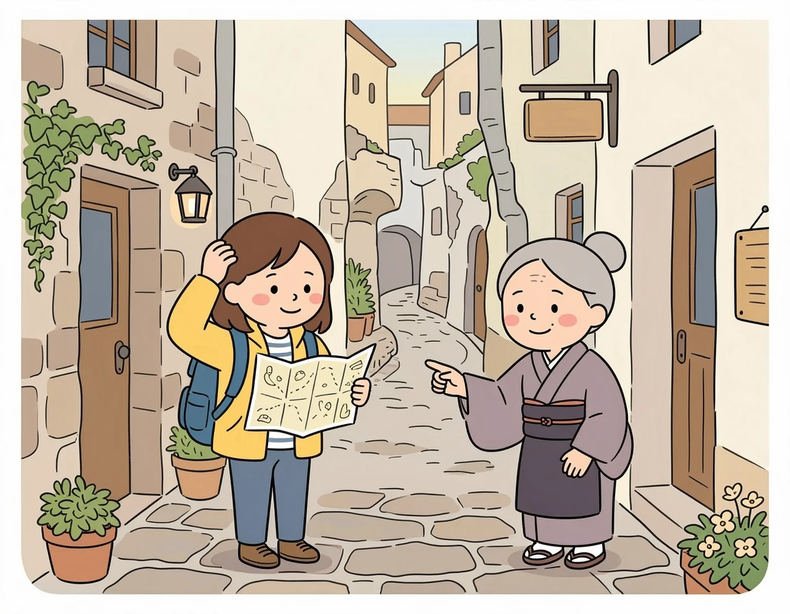 복잡한 메디나 골목에서 길을 잃은 관광객과 길을 알려주는 현지인