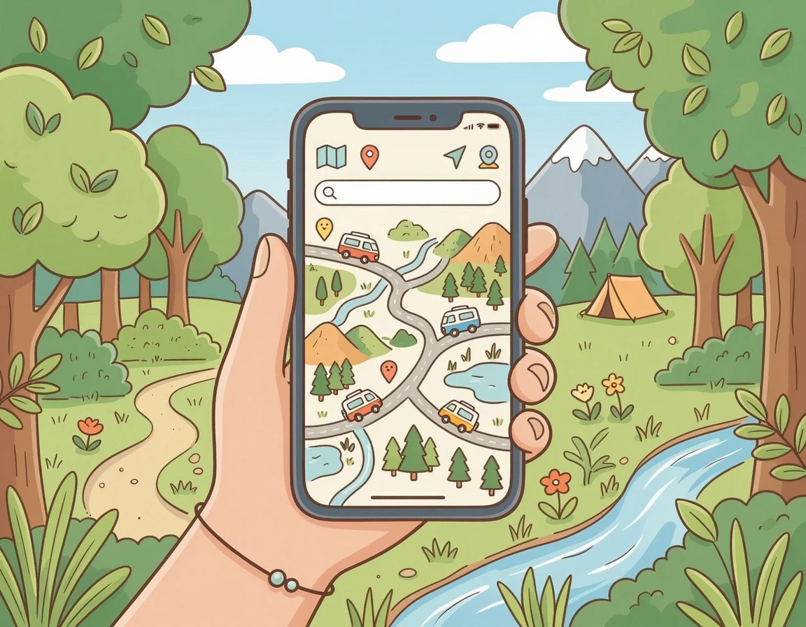 스마트폰으로 캠퍼메이트 앱을 확인하는 일러스트