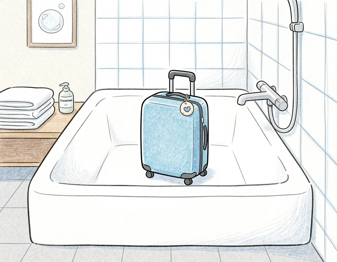 호텔 화장실 욕조 안에 안전하게 보관된 캐리어