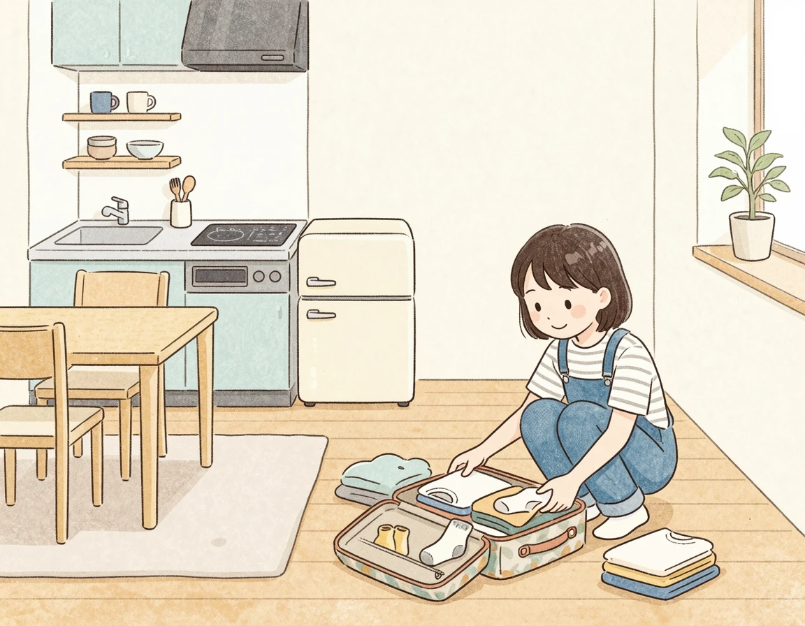 작은 주방이 있는 아늑한 숙소에서 짐을 푸는 여행자