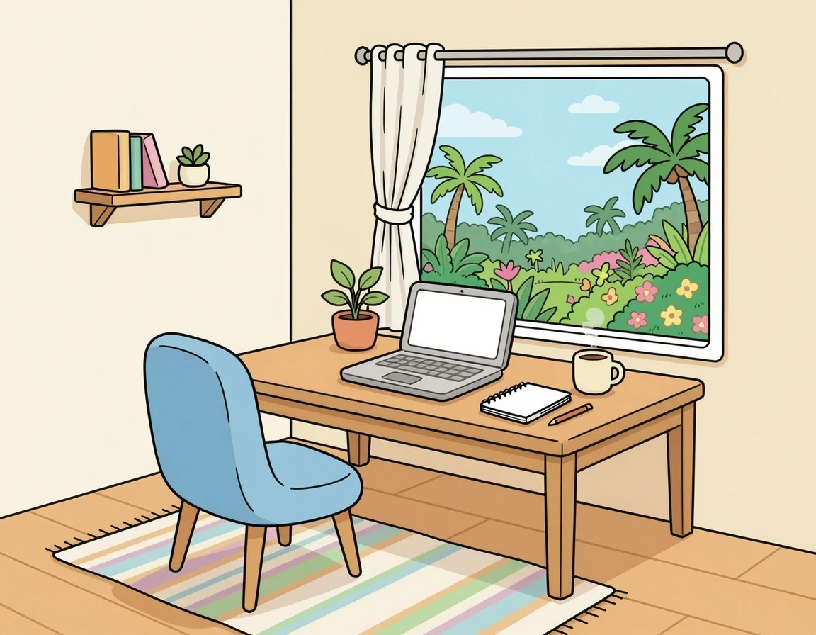편안한 책상과 노트북이 세팅된 열대 정원 뷰의 숙소 방 일러스트