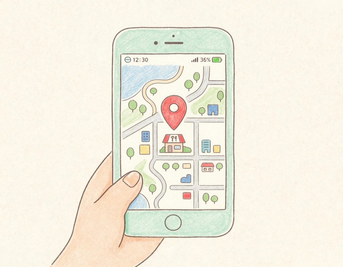 스마트폰 지도 앱으로 식당을 찾는 일러스트