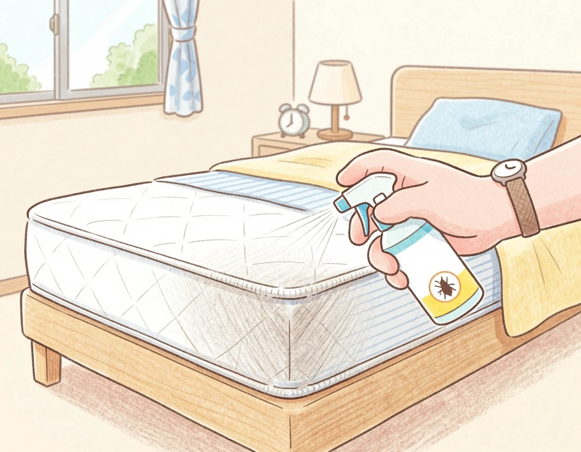 매트리스 모서리에 퇴치제 스프레이를 뿌리는 모습