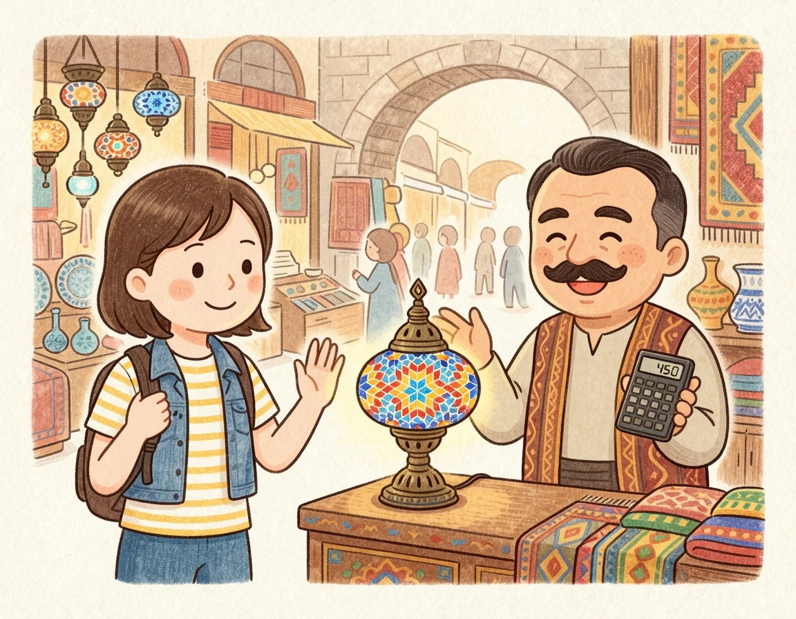 상인과 가격을 흥정하며 밀고 당기기를 하는 여행자의 모습