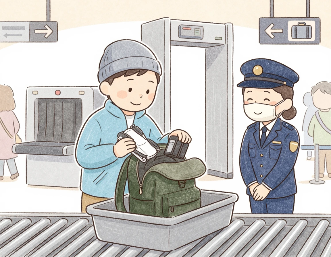 공항 보안 검색대에서 드론과 배터리를 짐벌 가방에 챙기는 모습
