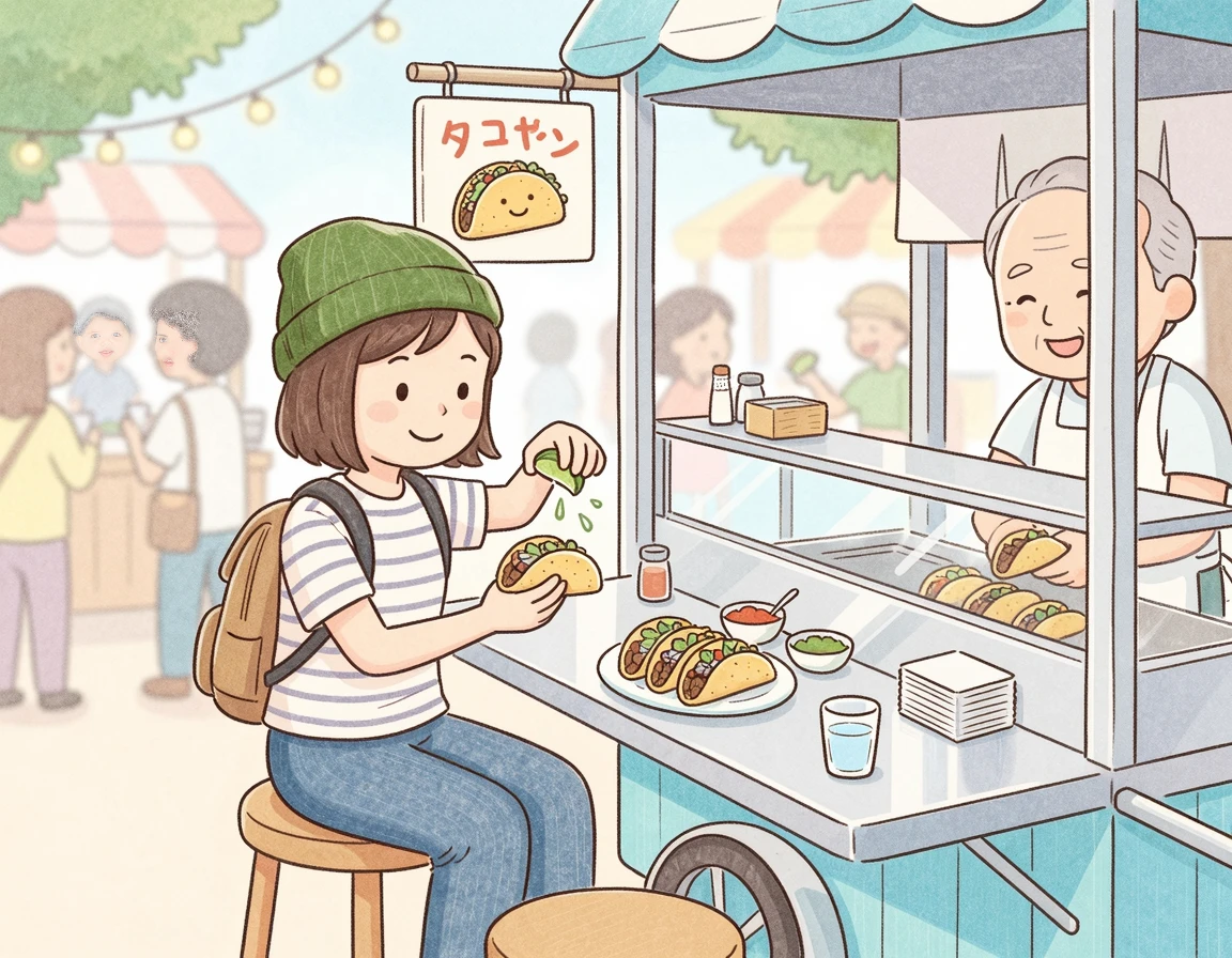 위생에 신경 쓰며 타코에 라임을 짜 먹는 여행자