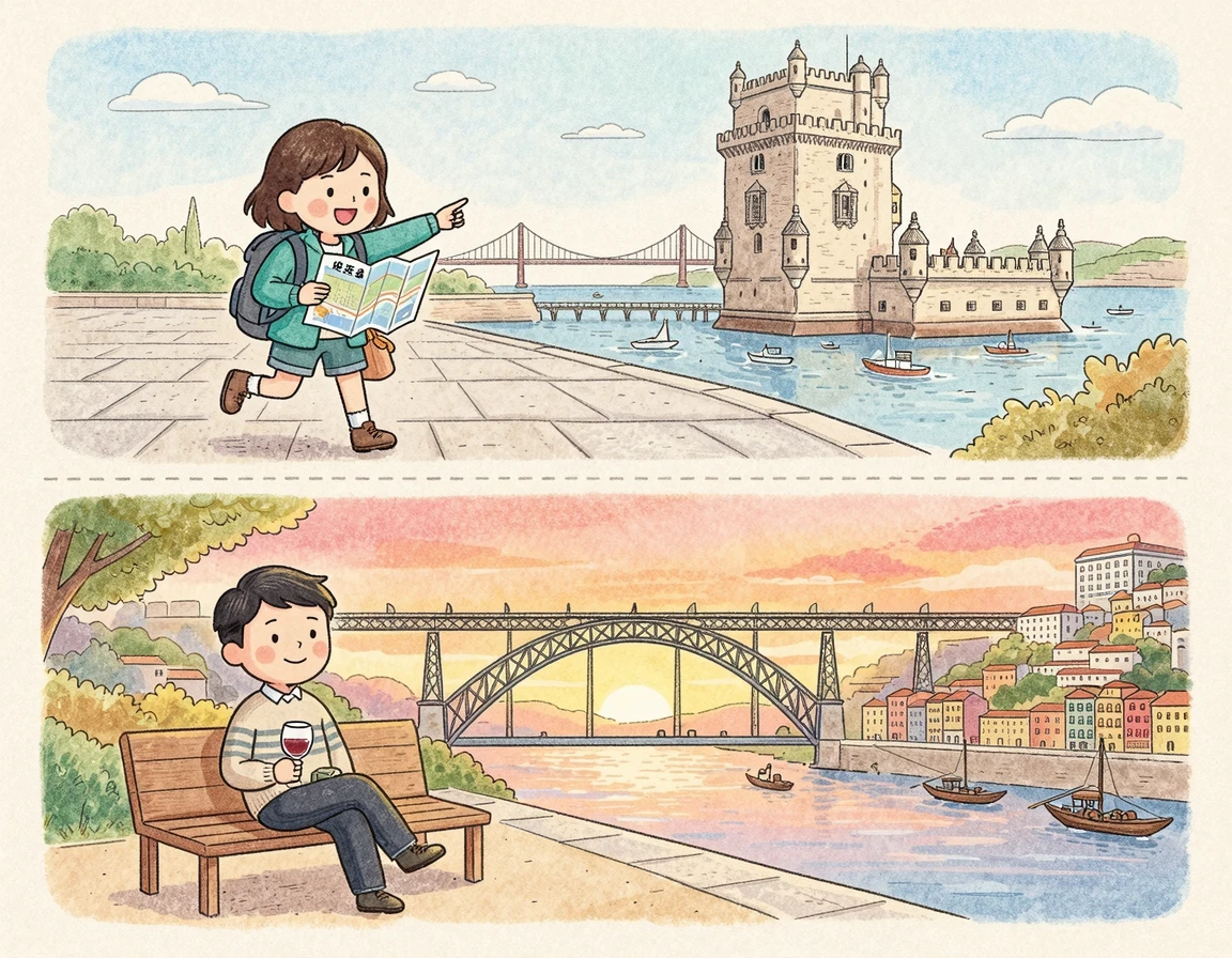 관광을 즐기는 여행자와 와인을 마시며 여유를 즐기는 여행자 일러스트