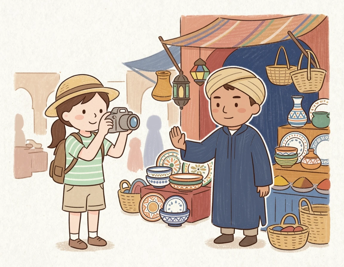모로코 시장에서 사진 촬영을 제지하는 상인과 당황한 관광객 일러스트
