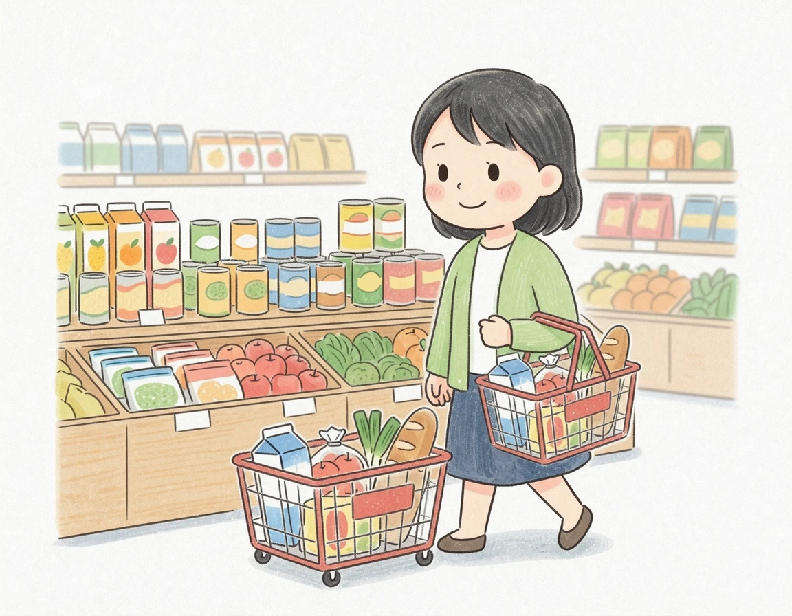 현지 대형 마트에서 바구니를 들고 장을 보는 모습