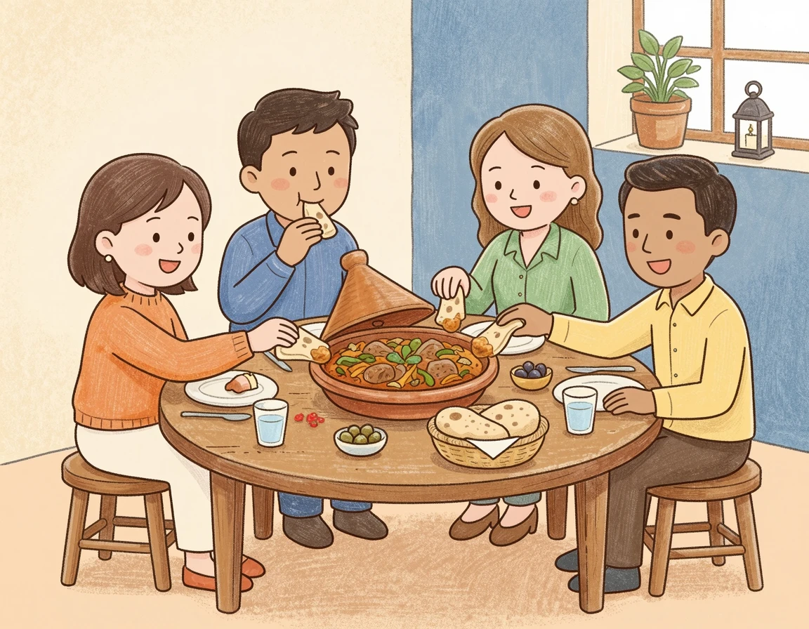 오른손으로 빵을 이용해 타진을 먹는 사람들의 모습