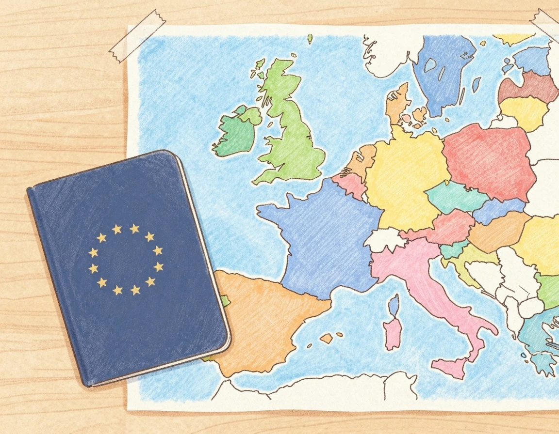 유럽 지도와 여권 일러스트