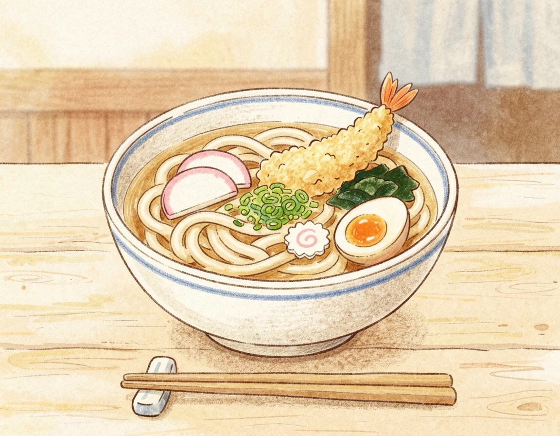육수가 담긴 우동 한 그릇 일러스트