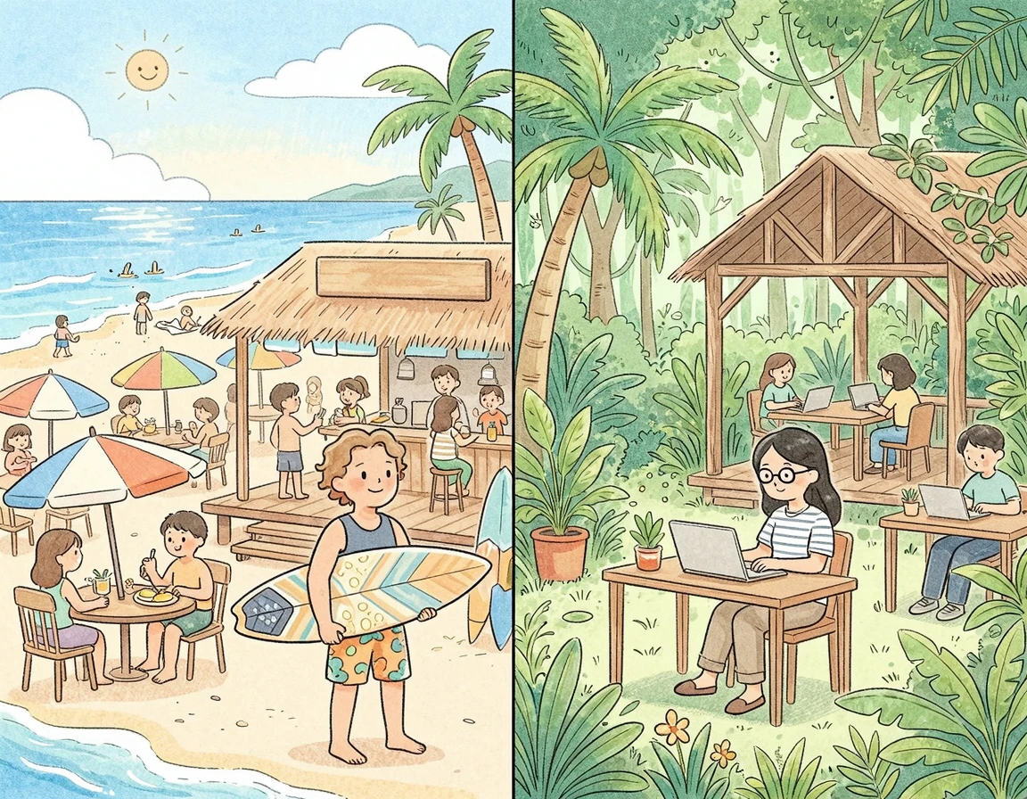 해변가 카페와 조용한 숲속 코워킹 스페이스 반반 비교 일러스트