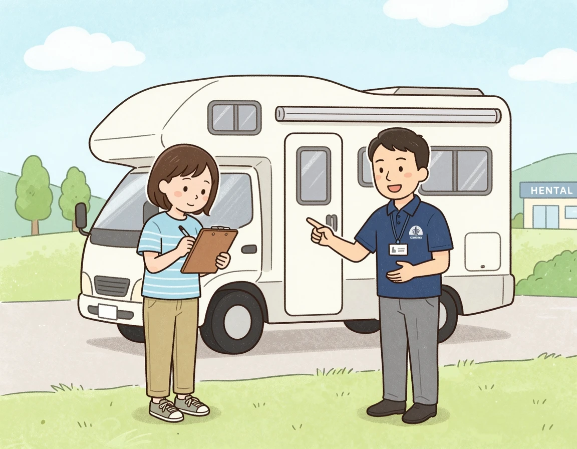 캠퍼밴 렌트 영업소에서 차량을 꼼꼼히 점검하는 여행자 일러스트