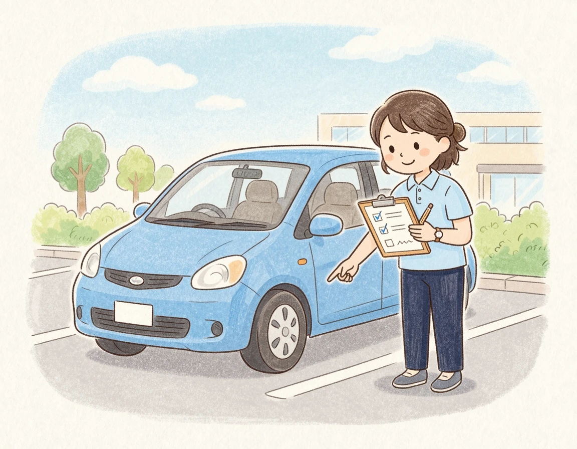 체크리스트를 들고 렌터카를 꼼꼼히 확인하는 사람 일러스트