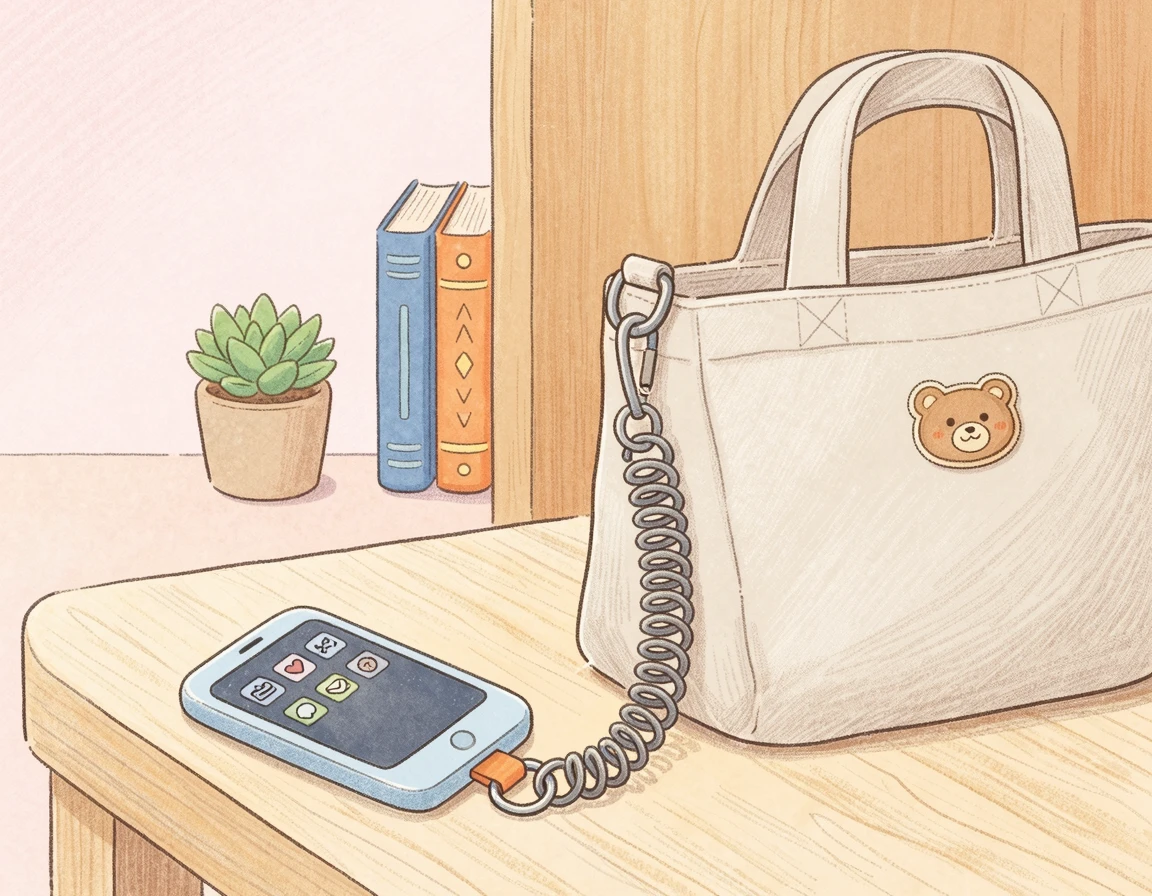 가방과 연결된 스프링 형태의 스마트폰 스트랩