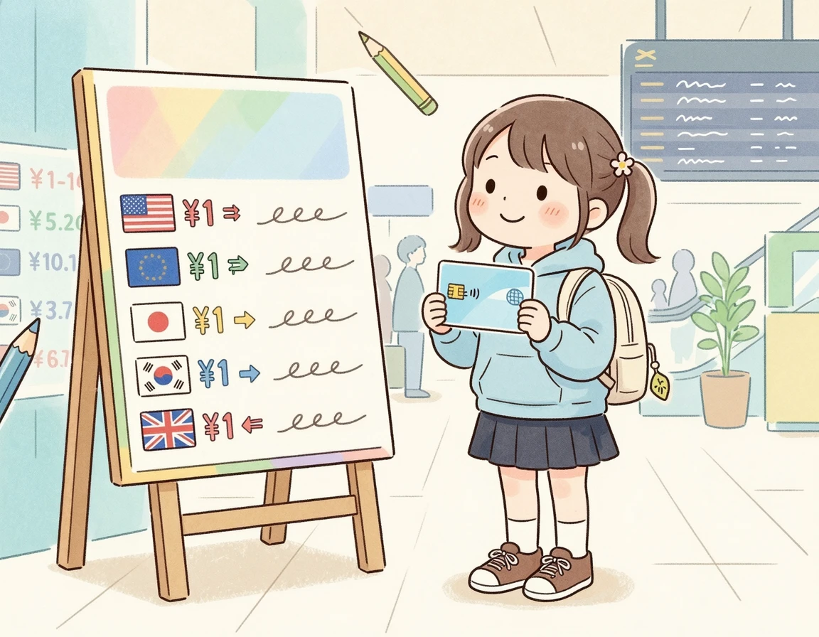 해외 결제용 트래블 카드를 들고 환전소를 바라보는 여행자