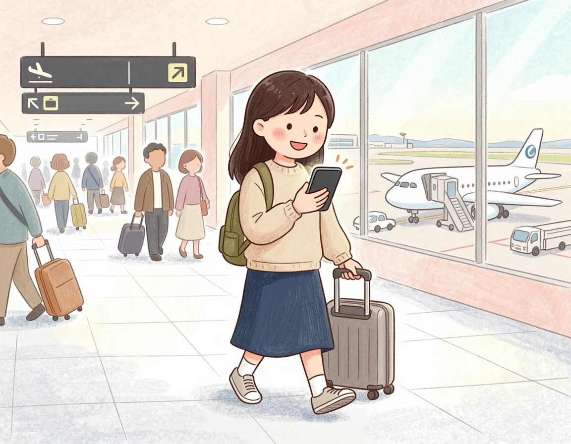 비행기에서 내려 스마트폰을 켜는 모습