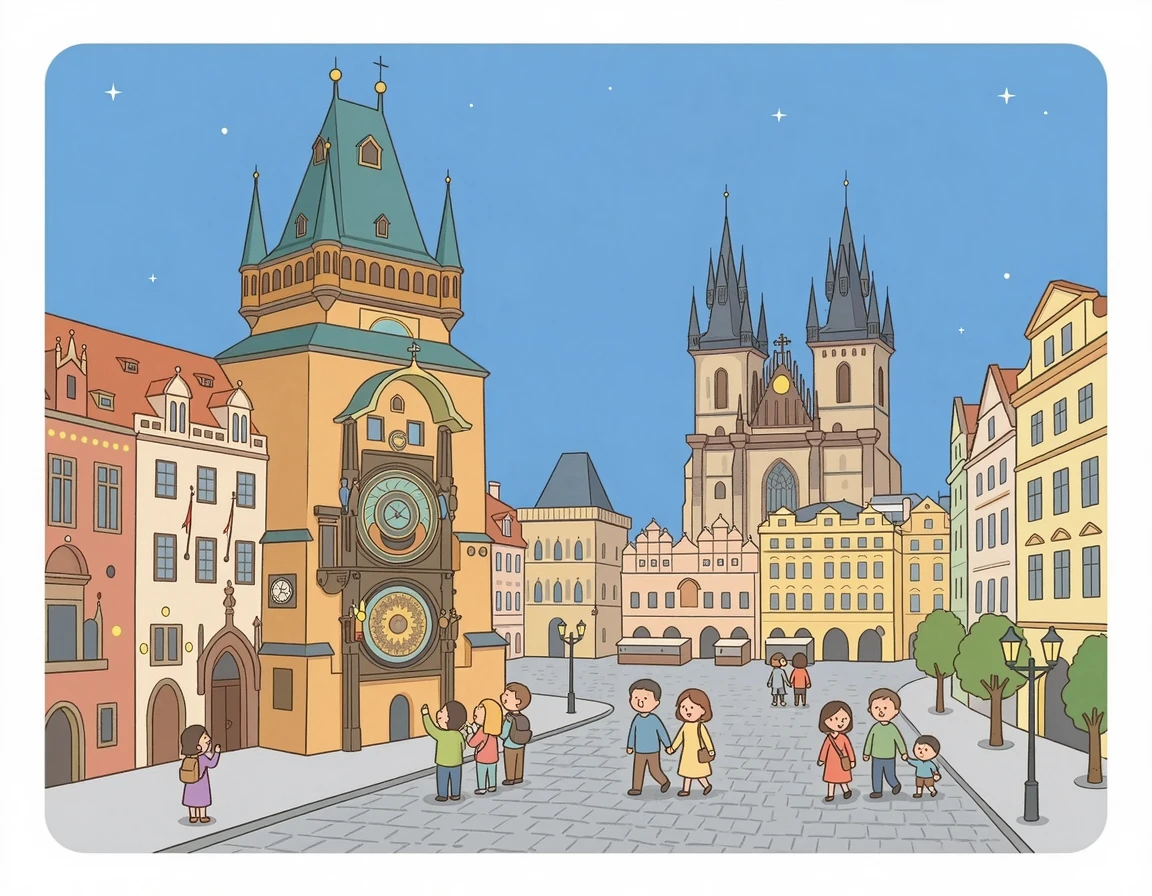 프라하 구시가지 천문 시계탑과 돌길 풍경