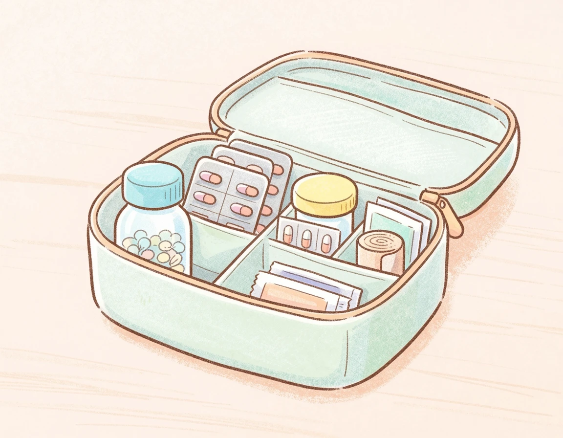 파우치에 깔끔하게 정리된 여행용 상비약들