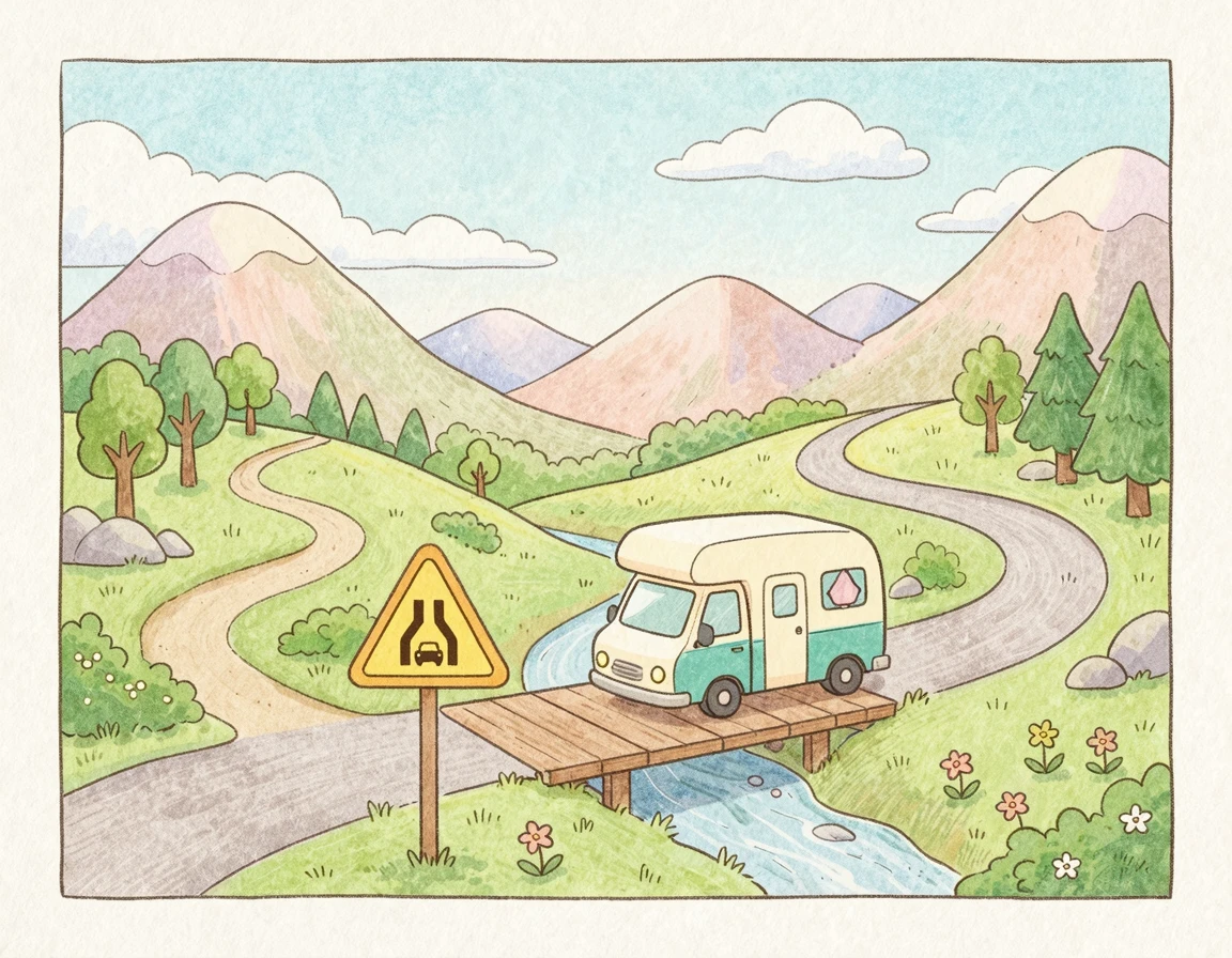 뉴질랜드의 1차선 다리 표지판과 도로를 달리는 캠퍼밴 일러스트