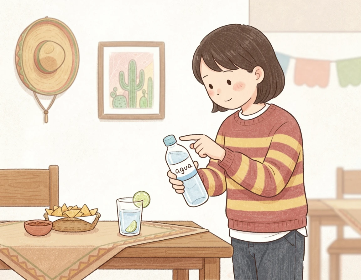 식당에서 밀봉된 생수를 확인하고 고르는 여행자