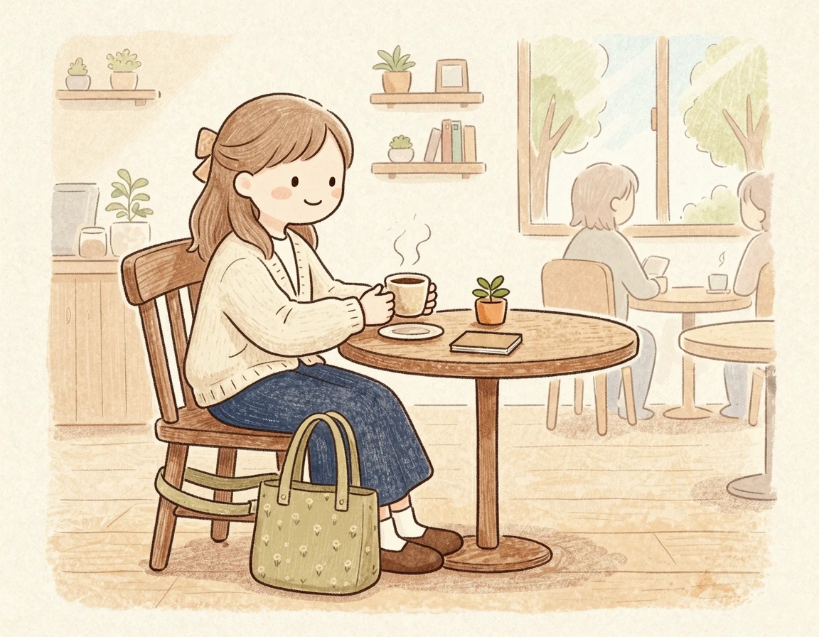 의자 다리에 가방끈을 묶어둔 야외 테라스 좌석의 모습