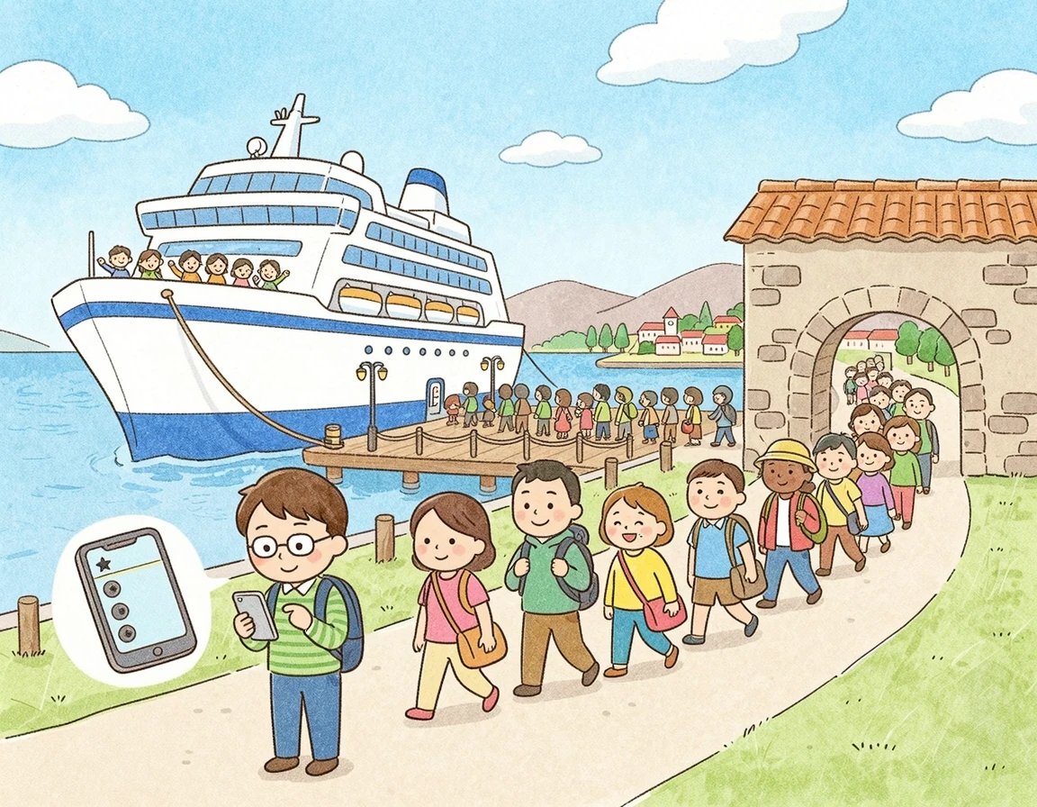 크루즈 기항 일정 확인하는 여행자