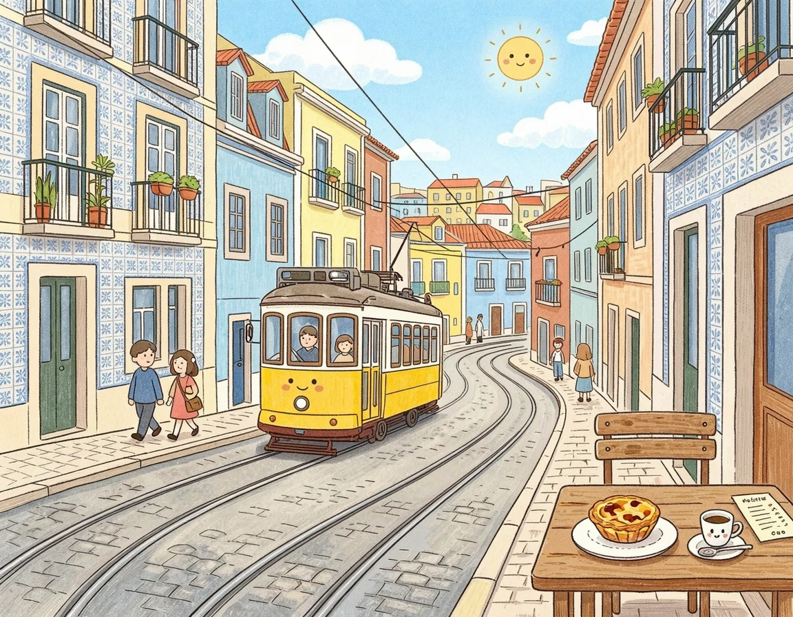 리스본의 가파른 언덕을 오르는 노란 트램과 에그타르트 일러스트
