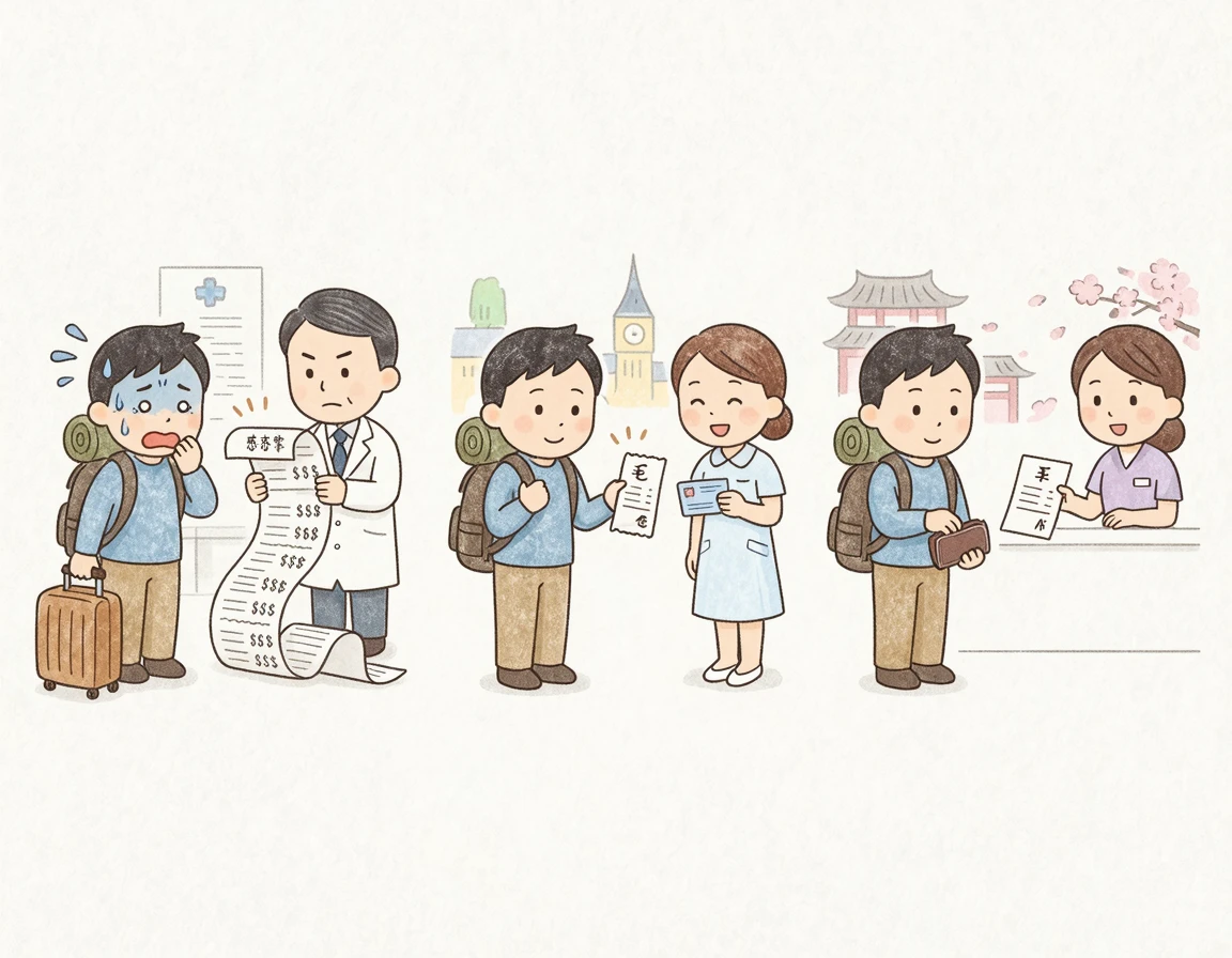 국가별 의료비 차이와 스트레스 받는 여행자 일러스트