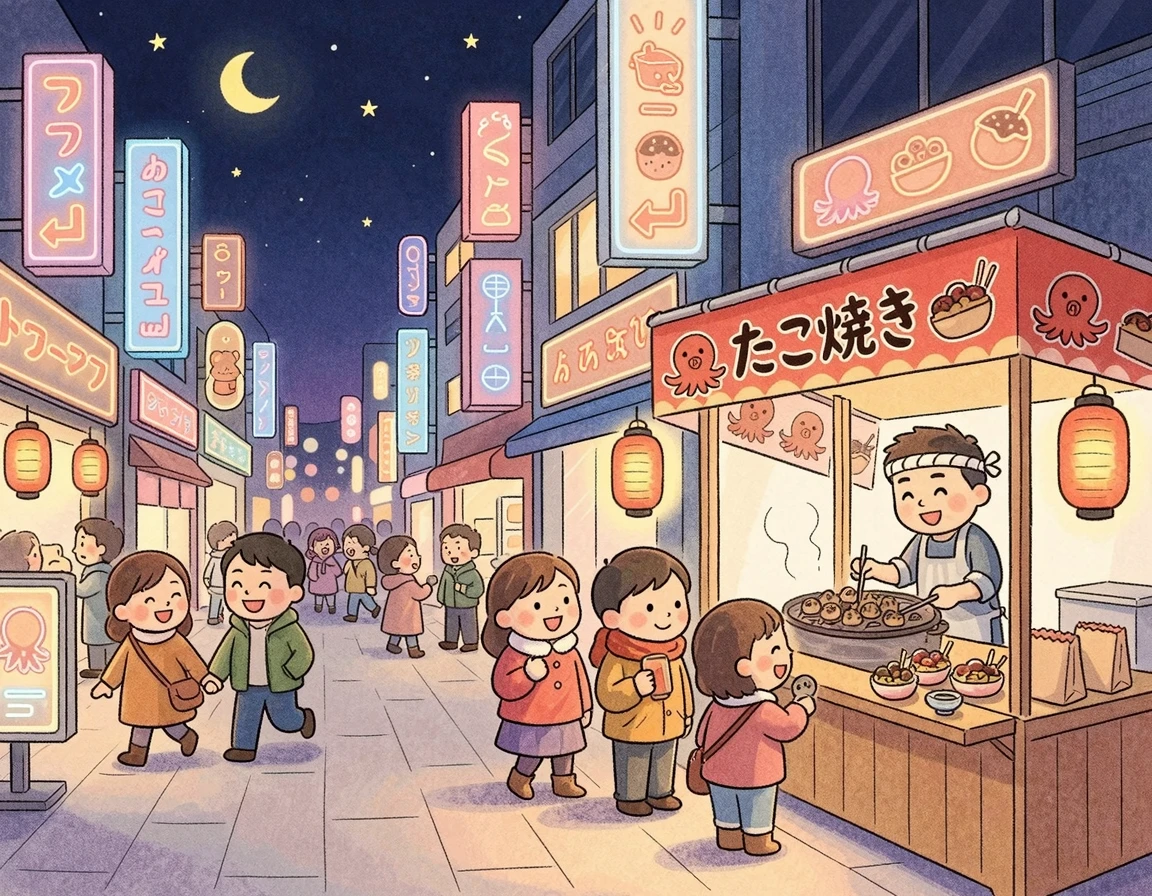 화려한 네온사인과 타코야키 가게가 있는 오사카 밤거리
