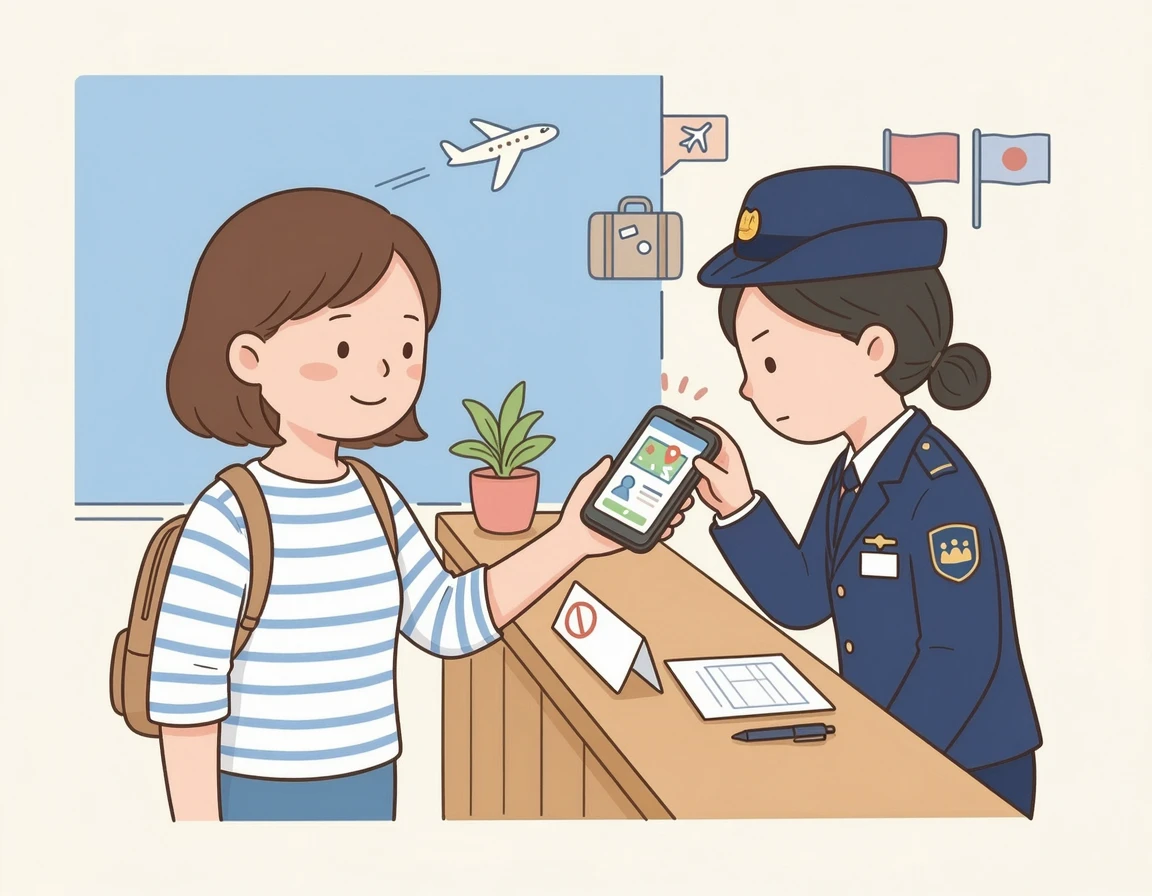 입국 심사관에게 스마트폰을 건네주며 검사받는 여행객