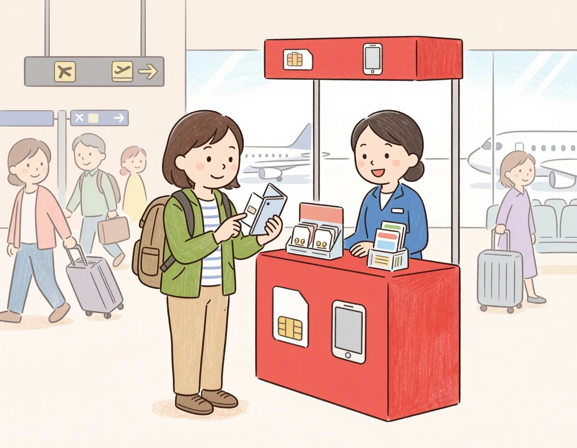 공항 부스에서 유심을 구매하는 여행자