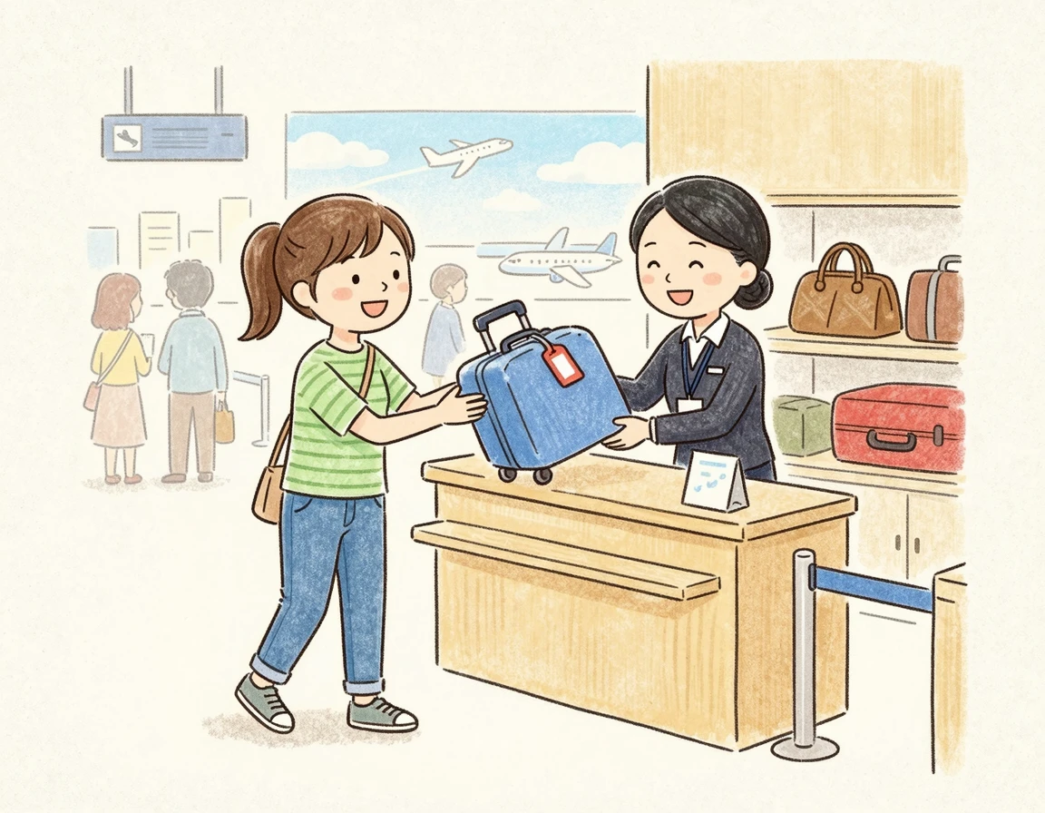 공항 수하물 보관소 카운터에 짐을 맡기는 모습