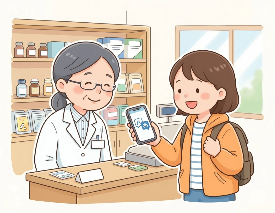 현지 약사에게 번역 앱을 보여주는 여행객 일러스트