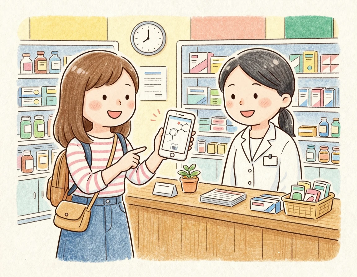 약사에게 스마트폰으로 약 성분명을 보여주는 여행자