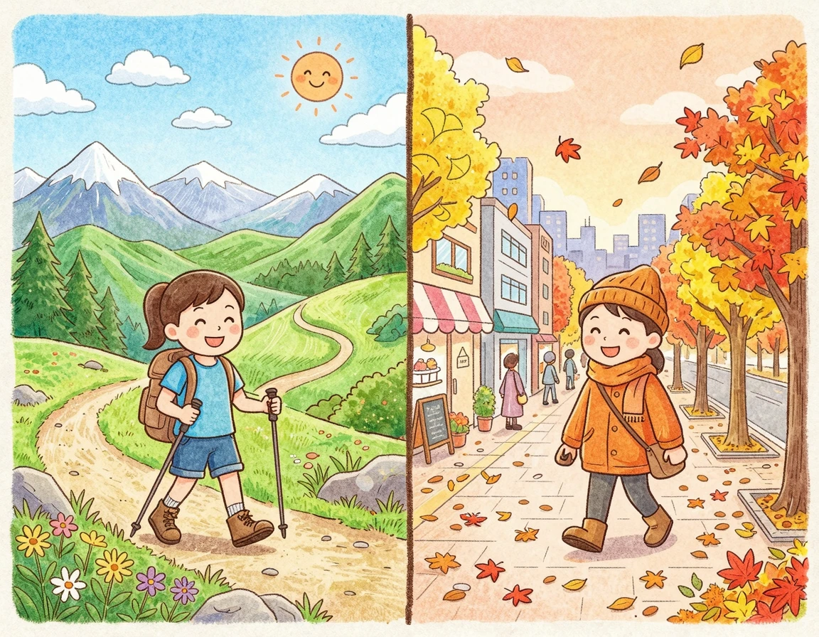 여름의 푸른 산과 가을의 단풍 든 도시를 반반으로 보여주는 일러스트