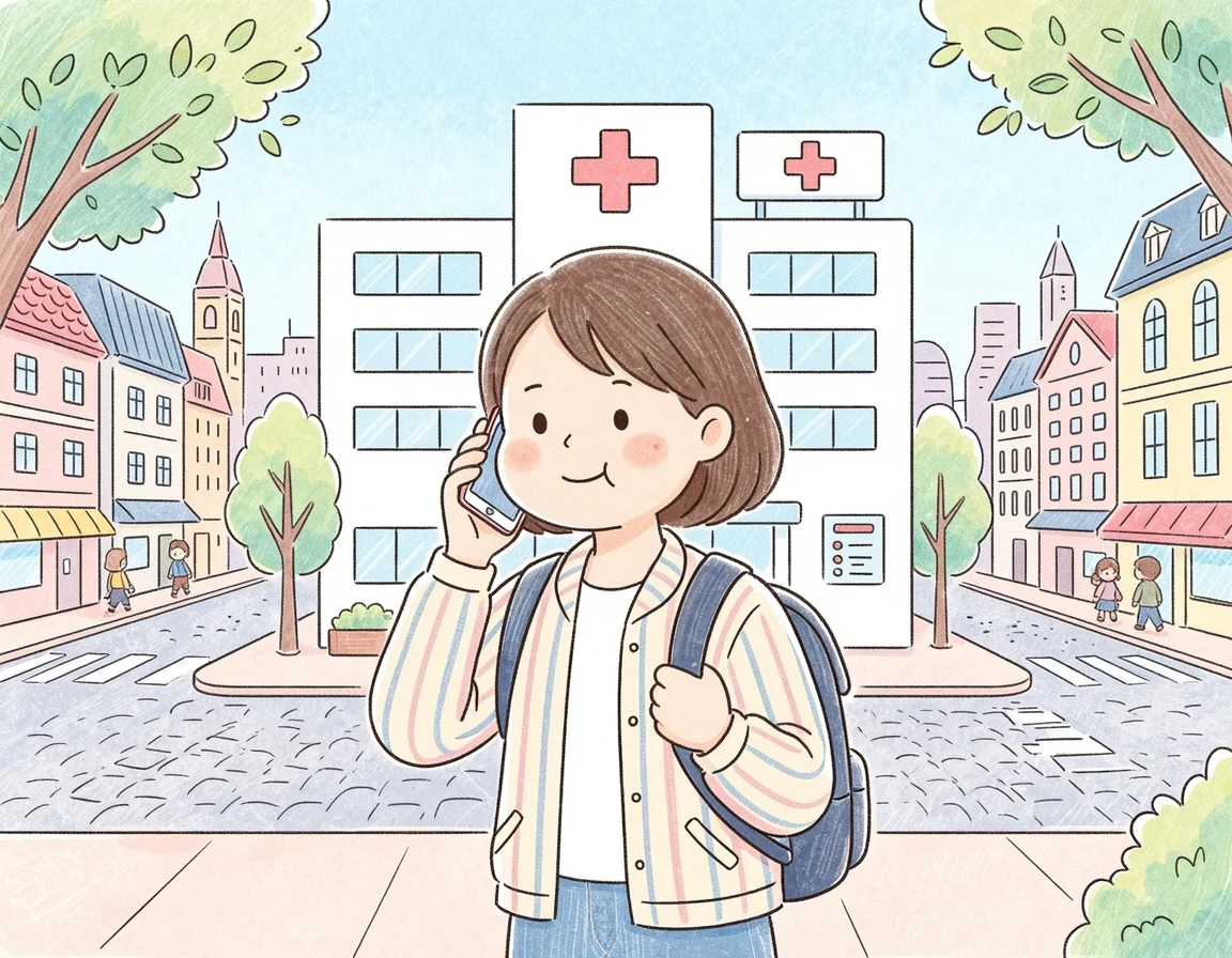 해외 병원 앞에서 스마트폰으로 도움을 요청하는 모습